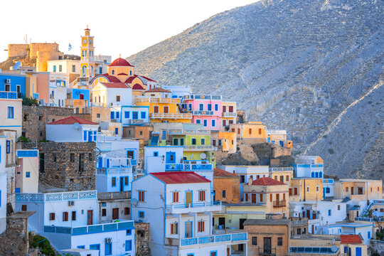 Olympos, Picturesque Traditional Village on a Mountain slope at sunset,  Karpathos, Dodecanese Island, Greece