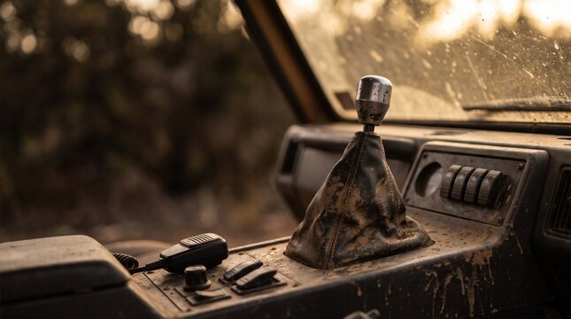 Dirty manual gear shift lever in a dusty off-road vehicle interior during an adventure trip