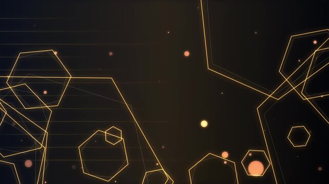 Glowing Golden Hexagon Frames Floating on Dark Background with Cinematic Particle Motion Graphics