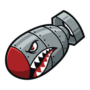 Cartoon military bomb character with shark teeth and angry face