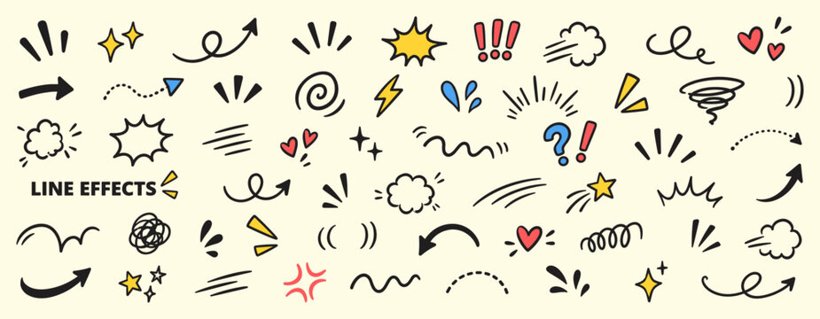 Cartoon movement effect line set with hand drawn arrows, sparkle marks, emphasis strokes, shock symbols and expressive doodles for manga, comic and emotion designs. Vector illustration