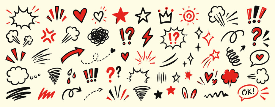 Comic effect line icon set with hand drawn hearts, stars, arrows, angry marks, question symbols, sparkles, scribbles and manga emotion doodles. Vector illustration