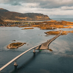 High angle aerial view of Fredvang bridges connecting rocky islands in fjord landscape in Lofoten Norway © Quality by Simon