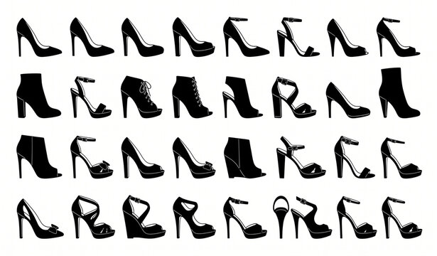 Collection of Elegant High Heel Shoes and Women's Fashion Footwear Silhouettes, Stiletto Pumps, Sandals, Boots and Wedges Isolated on White