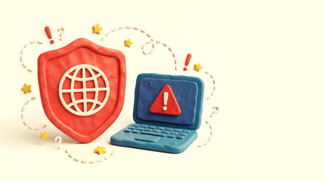 Red protective shield with world globe and laptop displaying warning symbol for global internet safety solutions concept.