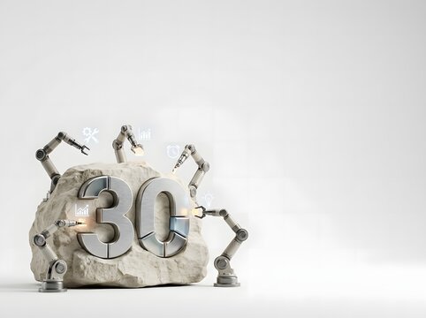Industrial robotic arms working on the number 30 embedded in a large rock featuring digital interface icons for multitasking and automated processes on a clean white background.