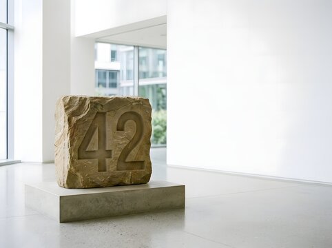 Large tan stone block with the number 42 deeply carved into its surface, displayed on a concrete pedestal within a minimalist white modern gallery or corporate office interior.