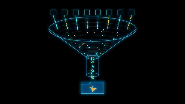 Digital files flowing into a glowing funnel for automated data processing