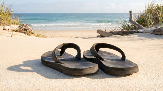Australia day flip flops on white sand beach near the ocean with driftwood and coastal grass in sunny weather