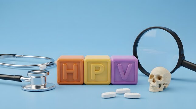 HPV Awareness Concept with Colorful Letter Blocks, Stethoscope, Magnifying Glass, Skull and Pills on Blue Background