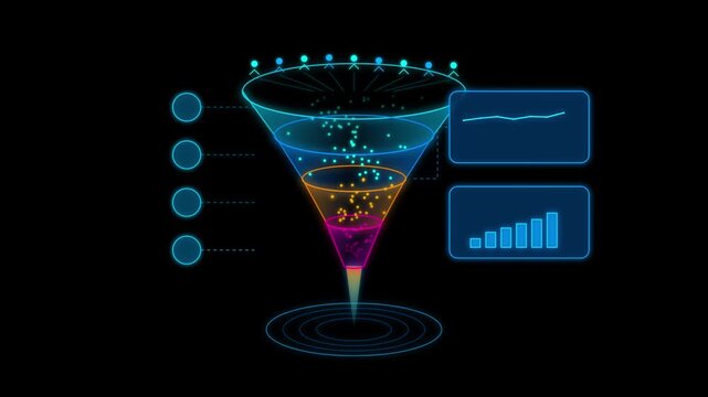 Futuristic data funnel processing particles with charts and digital interface panels