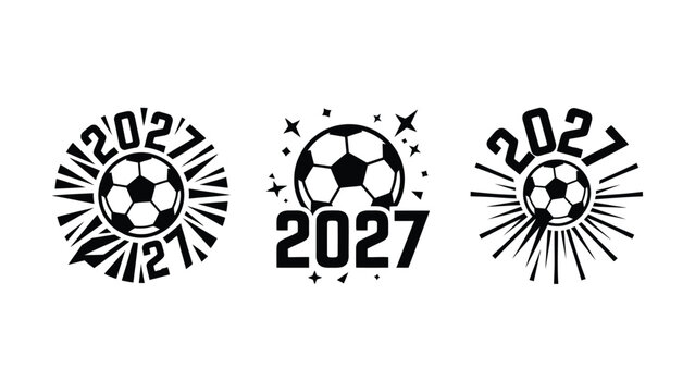 Soccer Ball Designs Featuring Year 2027 With Radiating Sunburst Effects