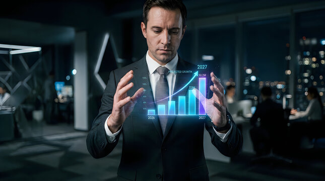 Businessman analyzing digital data visualization in modern city environment