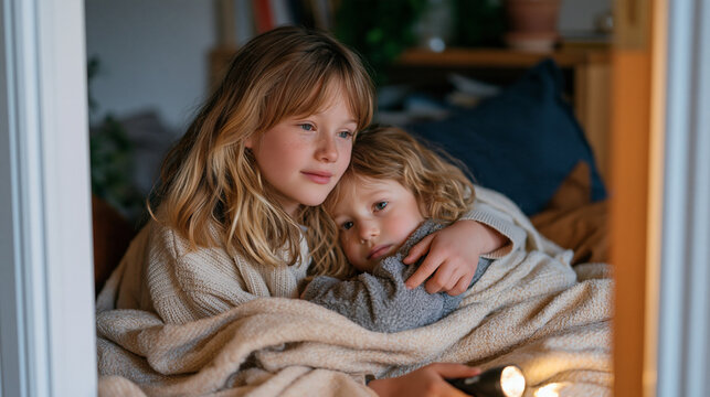 Two young siblings huddled together under a blanket in a closet during a volatile episode in the home, older sibling shielding the younger with one arm, flashlight in hand,