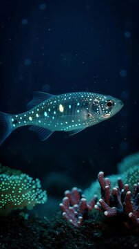 A tiny lanternfish with illuminated spots along its body swimming in a dark, bioluminescent world