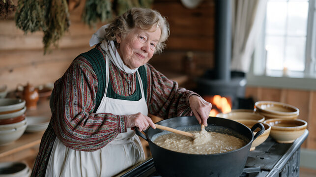A Norwegian grandmother stirs a pot of creamy oat porridge on national oatmeal day, traditional wooden farmhouse kitchen, dried herbs hanging from the ceiling, cast iron stove