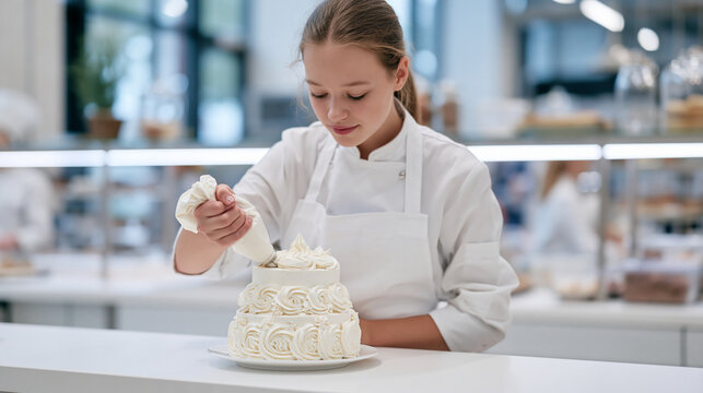 A young pastry chef in a professional white apron carefully piping intricate floral buttercream rosettes onto a tiered celebration cake at a bright bakery counter, cake decorating