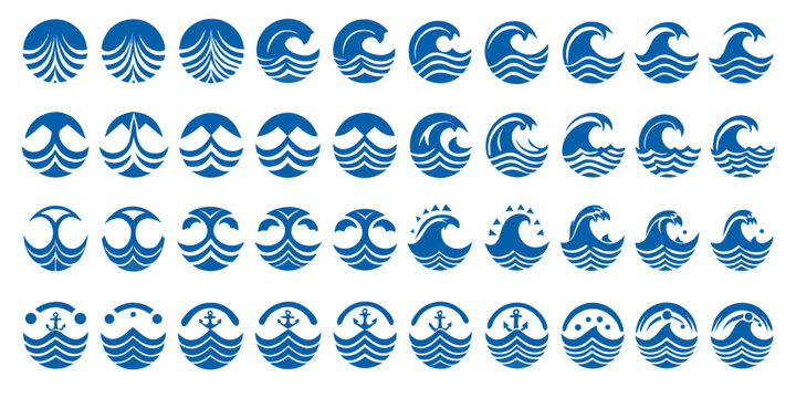 A collection of stylized blue wave icons and nautical anchors presents a dynamic oceanic theme aquatic azure coastal current decorative depth element fluid