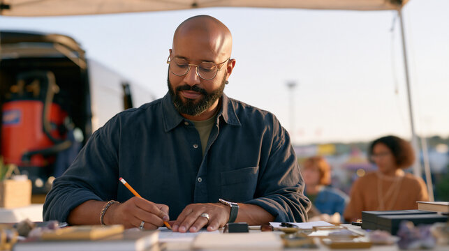 Astrologer at a county fair sharpening a pencil before annotating a natal chart at a canvas booth, protective UV-filter reading glasses worn throughout, steam cleaning equipment