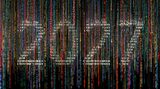 The number 2027 formed by glowing binary code digits cascading down a dark background with vertical streams colorful against black background digits form communication programming information
