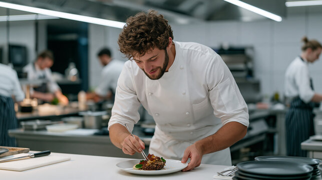 A head chef in crisp whites plating an elegant autumn tasting menu dish in a fine dining restaurant open kitchen, brigade team working in background, international chefs day,