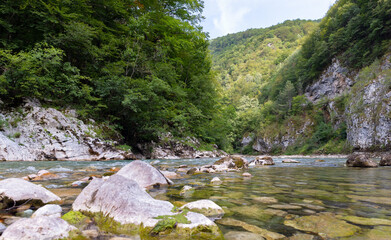 Mountain river winds through a rocky riverbed, flanked by steep, tree-covered cliffs. Calm, natural scenery perfect for nature, travel, or outdoor adventure themes. Tara river, Montenegro © evannovostro