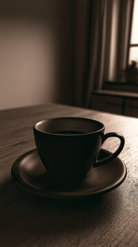 Minimalist lone dark coffee cup on wooden table with moody low key sepia lighting