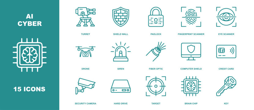 Ai cyber defense icon sheet featuring 15 outline symbols including brain chip, security camera, fingerprint scanner, drone, and shield wall
