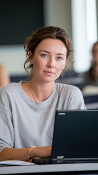 1d a beautiful American Caucasian female model in a classroom, sitting at a desk with a full view of a sleek black laptop, laptop screen and keyboard clearly visible, modern study