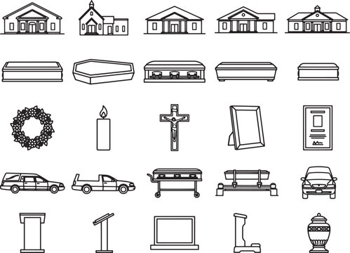 A collection of stylized icons representing elements of a funeral service, including buildings, caskets, cars, and religious symbols, arranged in a grid format.