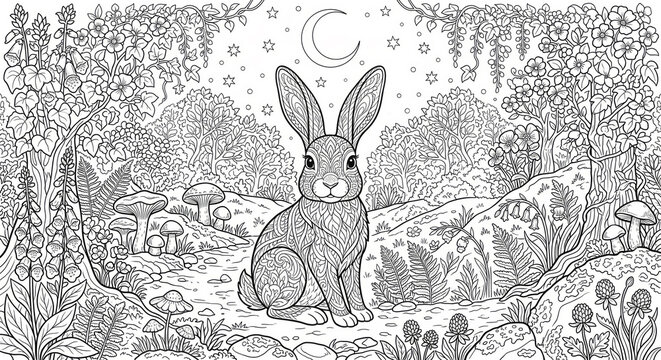 Adorable Rabbit Coloring Page with Flowers and Detailed Meadow Garden Scene Art