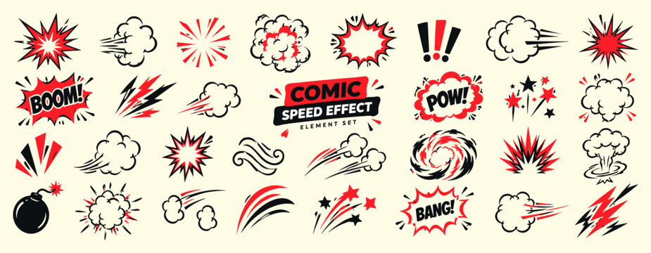 Comic speed line and cartoon explosion element set with boom bursts, smoke clouds, power flashes, dynamic motion shapes, impact doodles and hand drawn vector illustration