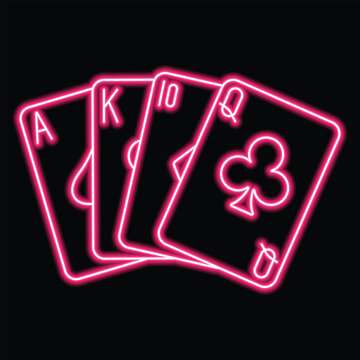 Glowing neon playing cards poker aces on black background