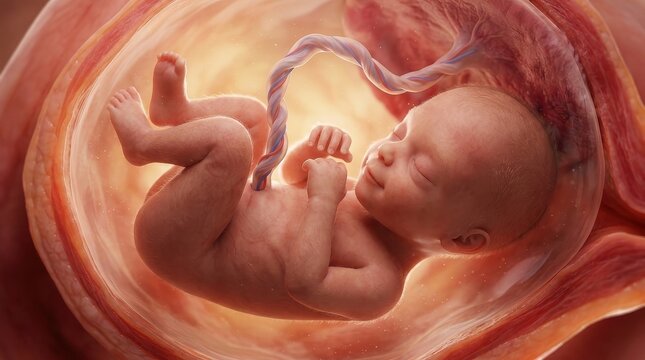 Detailed 3D Medical Illustration of a Human Fetus Developing Inside the Womb with Umbilical Cord and Placenta
