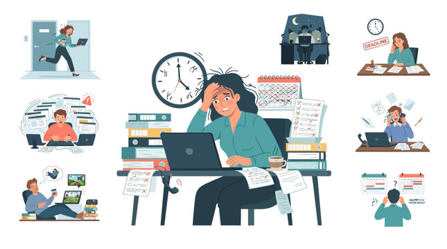 Stressed office worker vector set, busy employee burnout, deadline pressure icons