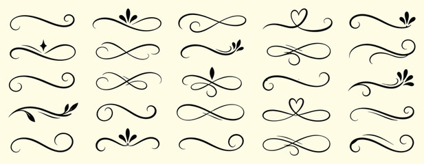 Fototapeta na wymiar Hand drawn flourish and swash set with calligraphy lines, elegant ink curves, vintage scroll ornaments, doodle swirls, text underlines and vector illustration