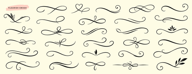 Fototapeta na wymiar Flourish swash line set with hand drawn calligraphy curves, elegant pen ink strokes, vintage scrolls, doodle swirls, underline accents and vector illustration