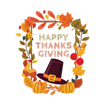 Happy Thanksgiving Frame Template with Pilgrim Hat Pumpkin Fall Leaves