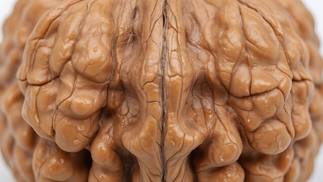 A detailed macro shot showcasing the intricate, brain-like convolutions of a walnut shell.