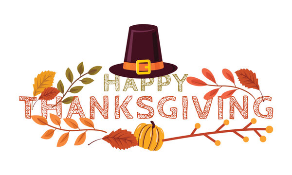 Happy Thanksgiving Day Horizontal Banner with Pilgrim Hat Pumpkin Leaves