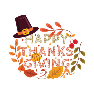 Happy Thanksgiving Wreath Logo with Pilgrim Hat Pumpkin Autumn Foliage