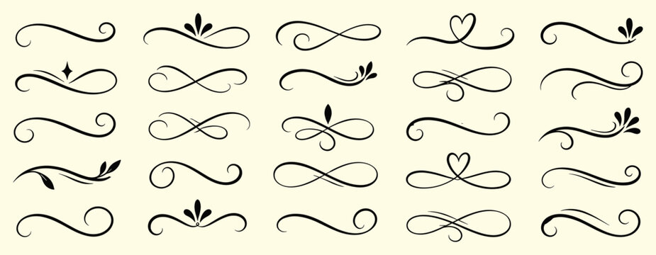 Hand drawn flourish and swash set with calligraphy lines, elegant ink curves, vintage scroll ornaments, doodle swirls, text underlines and vector illustration