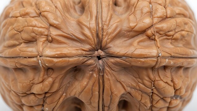 Macro perspective of a complete walnut shell emphasizing its central seam.