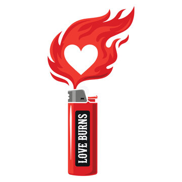 Red lighter with Love Burns text and heart shaped flame