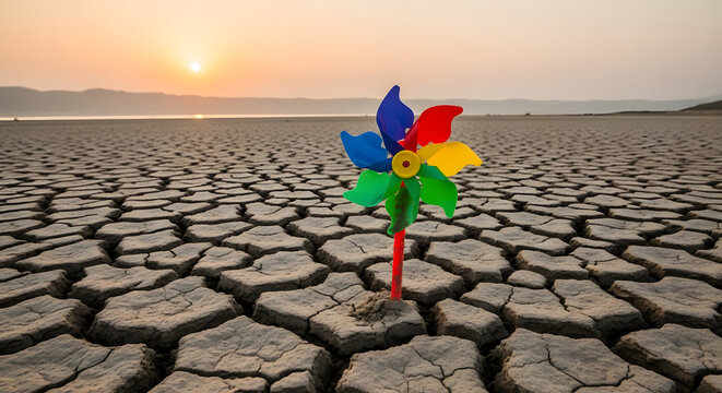 Colorful pinwheel on dry cracked earth during sunset, symbolizing global warming and climate change