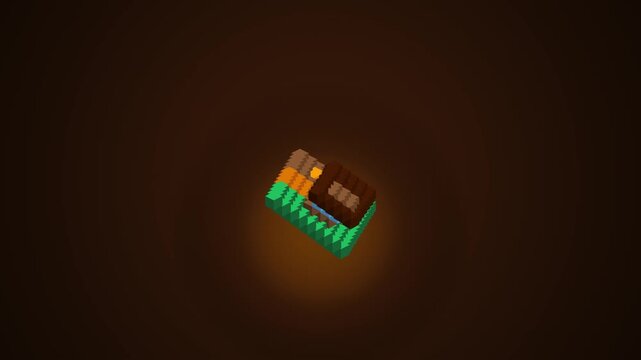 Abstract 3D Blocks Assembling and Rotating on Dark Background, Geometric Construction