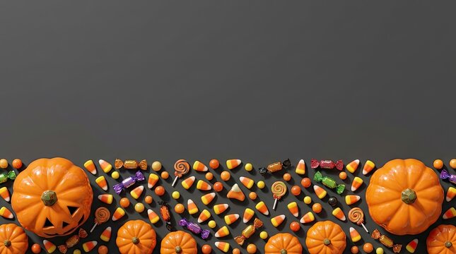 Vibrant Halloween candy and pumpkin border on dark background