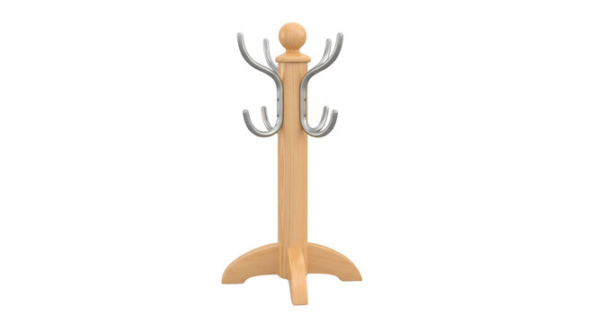 Standing wooden clothes hanger rack with metal hooks for entry hallway and office furniture storage on white background