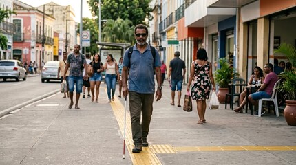 Fototapeta premium Blind Man Walks Down Busy City Sidewalk Using White Cane with Tactile Paving
