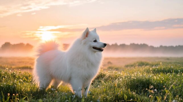 white american eskimo dog at morning sunlight close up video
